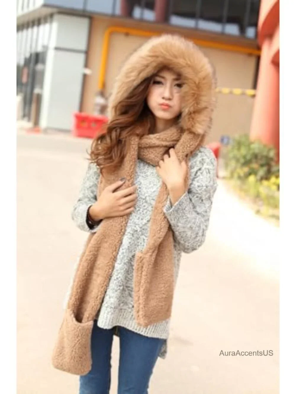 Winter Warm Women Hoodie Hat Scarf Gloves Set Soft Plush Thick